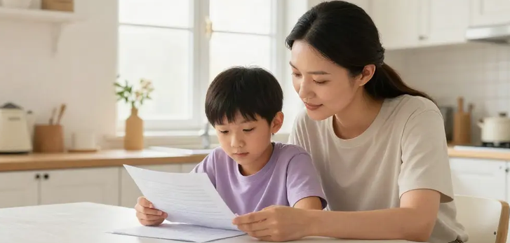 A mother and her son looking at his school support plan together at the kitchen table