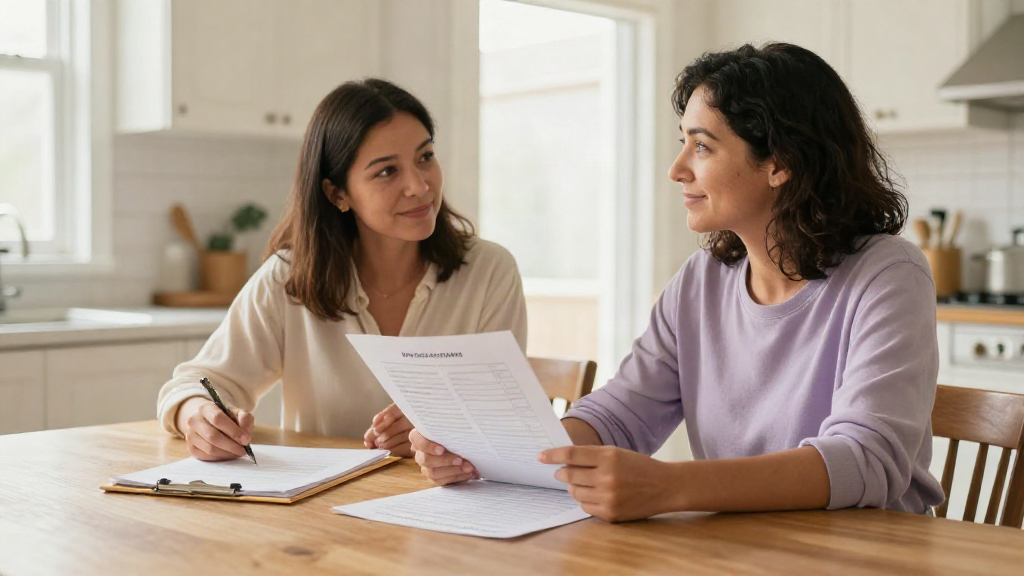 Two women reviewing IEP documents together at a kitchen table